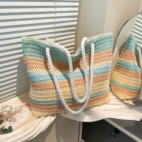 Women Straw Woven Tote Bag Summer Beach Colorful Striped Shoulder Bag Cotton Rope Handle Large Capacity Casual Handbag