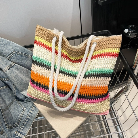 Women Straw Woven Tote Bag Summer Beach Colorful Striped Shoulder Bag Cotton Rope Handle Large Capacity Casual Handbag