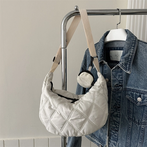 Borsa A Tracolla A Mezzaluna Trapuntata Tessuto Oxford Grande Capacità Tracolla Regolabile Con Tasca Rotonda Donna