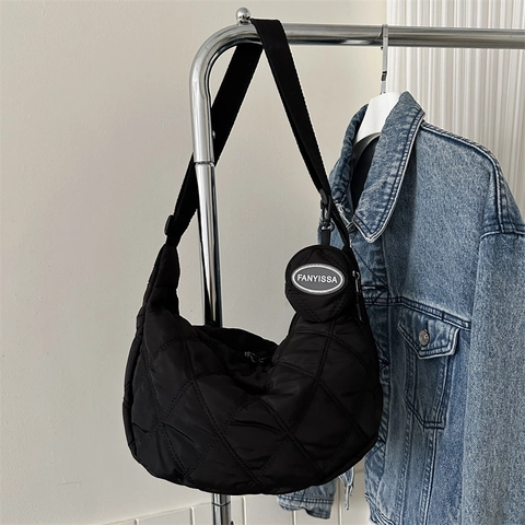 Borsa A Tracolla A Mezzaluna Trapuntata Tessuto Oxford Grande Capacità Tracolla Regolabile Con Tasca Rotonda Donna