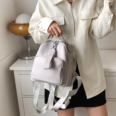 Fashion Women Backpack Lychee Grain PU Leather Mini Rucksack Multi Pocket Adjustable Straps Casual Travel Stylish Daypack