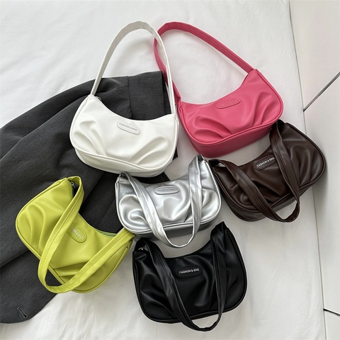 Trendy Women Pleated Underarm Bag PU Leather Hobo Bag Fashion Baguette Bag Solid Color Single Shoulder Bag Crescent Bag