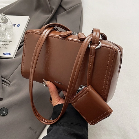 Bolso De Hombro De Axila De Cuero PU Minimalista Con Mini Bolsa Desmontable Estilo Bowling Rectangular Bolso De Mano Versátil Para Mujer