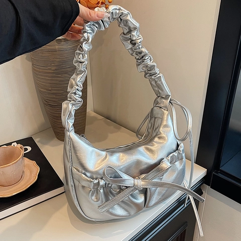Women Underarm Shoulder Bag PU Leather Large Bow Pleated Scrunchie Handle Half Moon Hobo Trendy Y2K Sweet