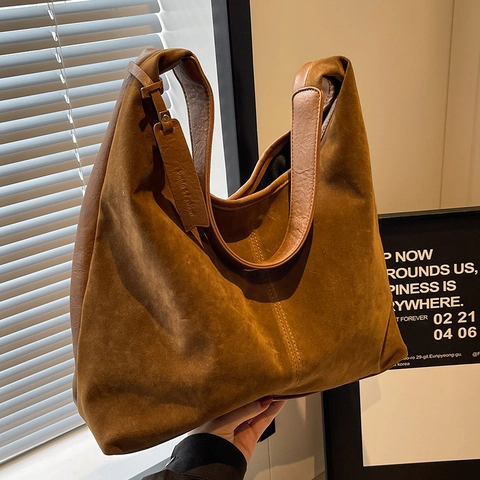 Women Retro Suede Hobo Shoulder Bag Large Capacity Solid Color Casual Tote Bag Commute Underarm Fashion Handbag