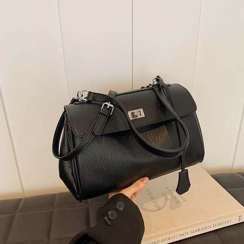 Women Litchi Grain PU Leather Shoulder Bag Fashionable Handbag With Silver Rotating Lock Flap Large Crossbody Bag
