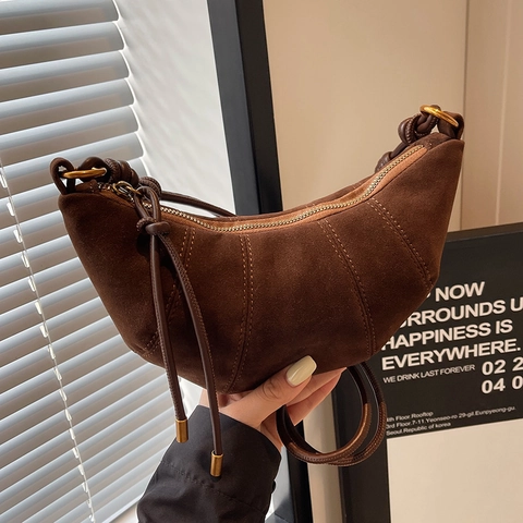 Damen Croissant Schultertasche Wildlederimitat Halbmond Handtasche Mit Geknotetem Riemen Minimalistische Retro Tasche