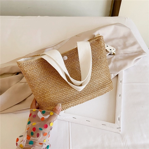 Straw Woven Handbag Summer Beach Vacation Retro Large Capacity Tote With Button Closure Lightweight Casual For Women