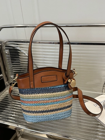 Color Block Striped Straw Woven Bucket Bag With PU Leather Trim Zipper Closure Summer Beach Vacation Shoulder Purse