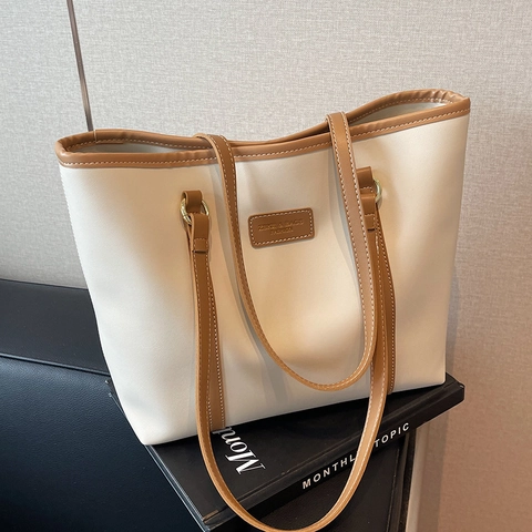 Borsa Tote in Pelle PU di Grande Capacità per Donna Cuciture a Contrasto Borsa a Tracolla Casual Pendolare Borsa da Università