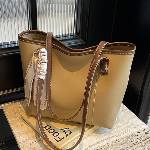 Bolso Tote Grande de Cuero PU para Mujer Estilo Coreano Moda Trabajo Bolso de Hombro Con Pañuelo de Satén Color Sólido