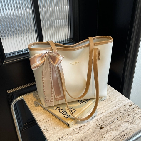 Bolso Tote Grande de Cuero PU para Mujer Estilo Coreano Moda Trabajo Bolso de Hombro Con Pañuelo de Satén Color Sólido