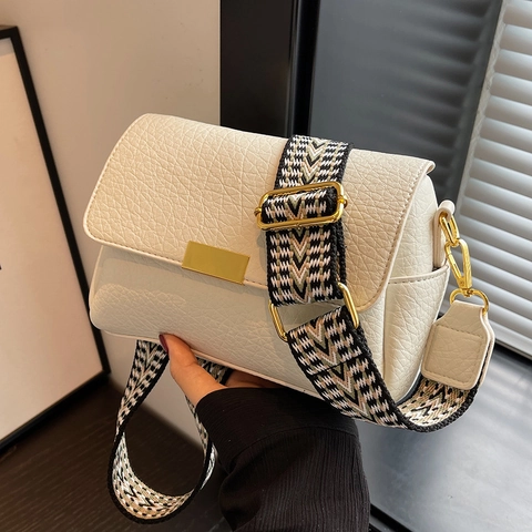 Borsa a Spalla da Donna Vintage in PU Grana Litchi Con Tracolla Larga a Motivo Geometrico Fibbia in Metallo Borsa a Tracolla Piccola Quadrata