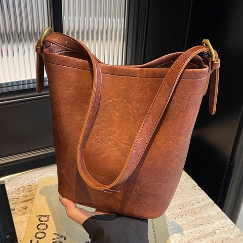 Borsa A Secchiello In Pelle PU Retrò Grande Capacità Minimalista Borsa A Tracolla E Incrociata Con Tasca Interna