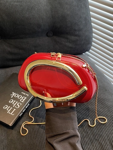 Women Vintage Metal Handle Clutch Bag Glossy PU Leather C Buckle Evening Party Chain Shoulder Crossbody Bag Handbag
