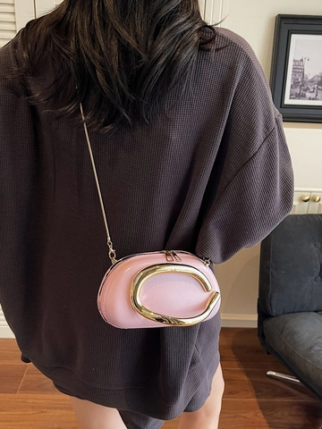 Women Vintage Metal Handle Clutch Bag Glossy PU Leather C Buckle Evening Party Chain Shoulder Crossbody Bag Handbag