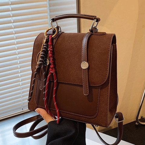 Retro Mini Backpack For Women PU Suede Patchwork Small Travel School Bag With Braided Rope Key Pendant Top Handle Elegant