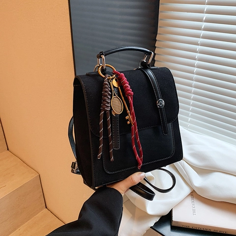 Retro Mini Backpack For Women PU Suede Patchwork Small Travel School Bag With Braided Rope Key Pendant Top Handle Elegant