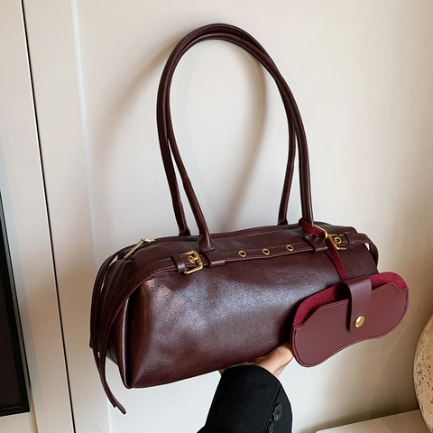 Sac À Bandoulière En Cuir PU Sous Les Bras Avec Petite Pochette Amovible Grande Capacité Style Américain Rétro Minimaliste Bowling Bag
