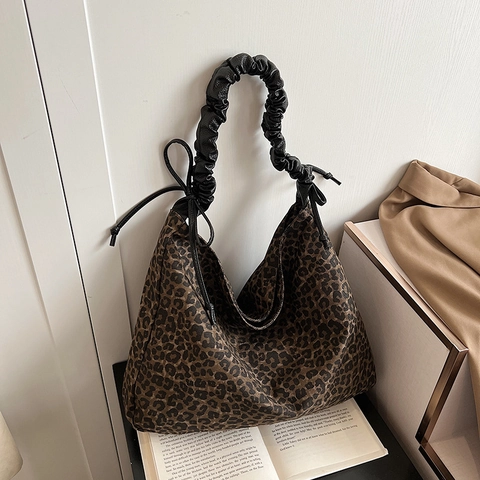 Leopardenmuster Canvas Stoff Tote Bag Mit Schwarzem Scrunchie Schultergurt Und Schleifen Details Vintage Hobo Tasche Damen
