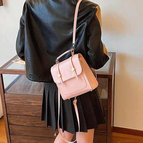 Vintage PU-Leder Damen Rucksack Preppy Style Handtasche Umhängetasche Lässig Vielseitig