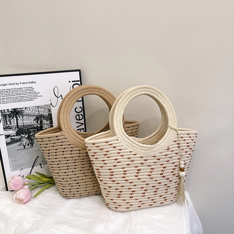 Bolso De Mano De Paja Tejido Con Asa Redonda Gran Capacidad Bolso De Playa Para Mujer Con Borla Patrón De Puntos Informal