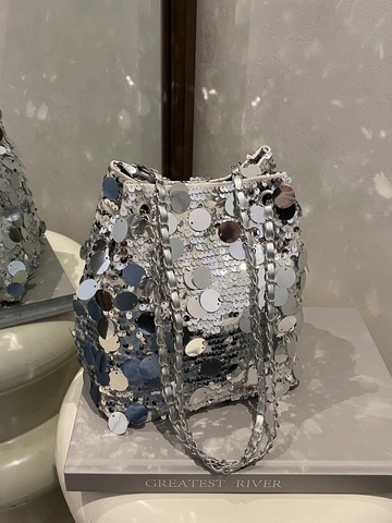 Damen Pailletten Eimer Tasche Große Runde Pailletten Kordelzug Schulter Umhängetasche Metallkette PU Leder