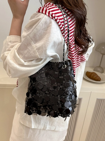 Damen Pailletten Eimer Tasche Große Runde Pailletten Kordelzug Schulter Umhängetasche Metallkette PU Leder