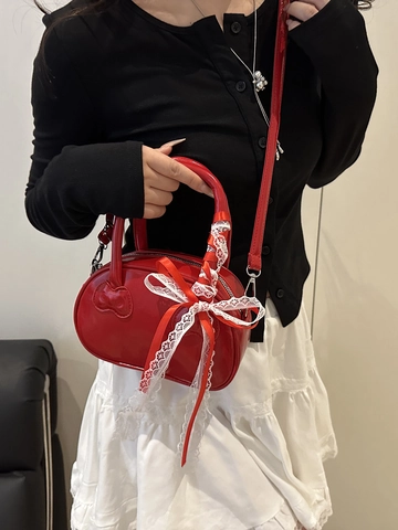 Women Bow Embossed PU Leather Shoulder Bag With Lace Ribbon Sweet Vintage Crossbody Small Square Handbag Pillow Boston Bag