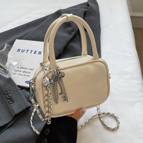 Women Mini Square Shoulder Bag PU Leather Metallic Texture Chain Strap Top Handle Crossbody Handbag With Key Pendant