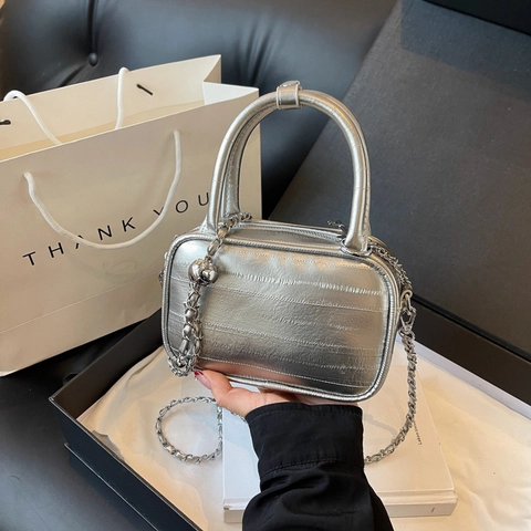 Women Mini Square Shoulder Bag PU Leather Metallic Texture Chain Strap Top Handle Crossbody Handbag With Key Pendant