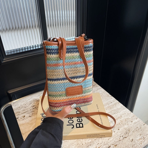 Borsa a Spalla da Donna in Paglia Intrecciata Borsa a Tracolla Quadrata Piccola per Cellulare Semplice Urbana Borsa da Spiaggia per Vacanze Estive