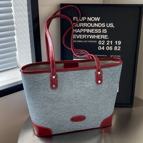 Damen Casual Denim Tragetasche Große Kapazität Kontrast PU Leder Patchwork Schultertasche Für Die Arbeit Pendeln Mode Handtasche