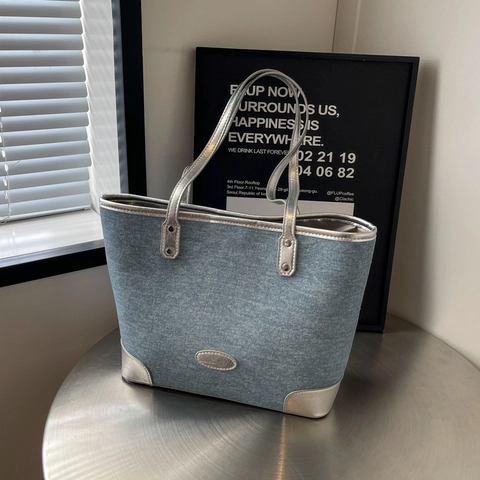 Damen Casual Denim Tragetasche Große Kapazität Kontrast PU Leder Patchwork Schultertasche Für Die Arbeit Pendeln Mode Handtasche