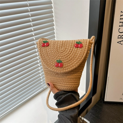 Borsa a Secchiello in Paglia Intrecciata a Mano per Donna Bambina Ricamo Ciliegie Bottone di Perla Borsa a Tracolla Moda Estiva Mare Vacanza Mini Borsa