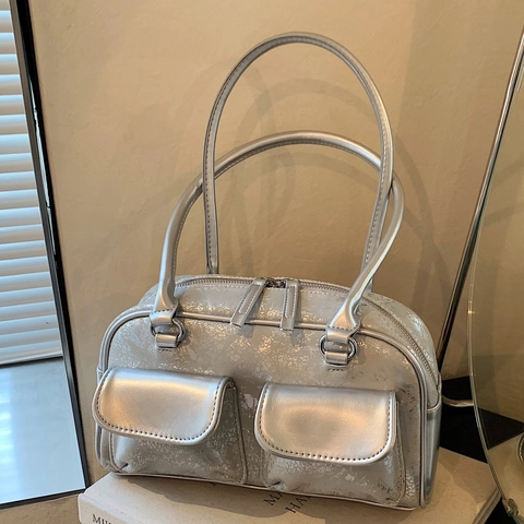 Damen Schultertasche Distressed PU Leder Vintage Y2K Boston Bowling Tasche Doppelte Vordertasche Achselhandtasche Casual Tasche