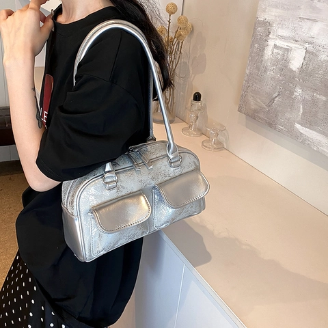 Damen Schultertasche Distressed PU Leder Vintage Y2K Boston Bowling Tasche Doppelte Vordertasche Achselhandtasche Casual Tasche