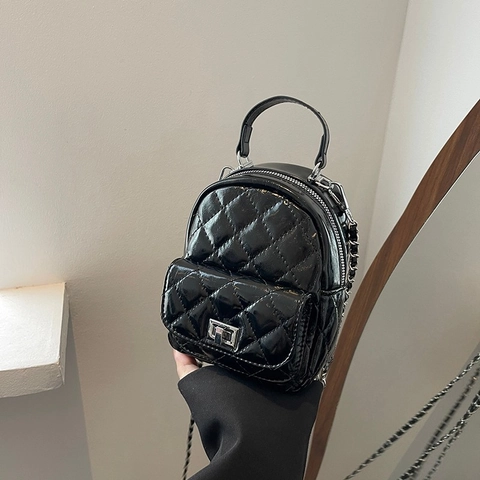 Moda Donna Zaino Mini Trapuntato a Rombi Pelle PU Catena Borsa a Tracolla da Viaggio Borsa a Mano Zainetto Casual Decorativo