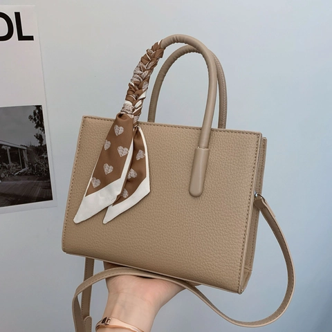 Elegant Tote Handbag PU Leather Litchi Texture Crossbody Bag With Polyester Lining And Scarf Decoration For Women