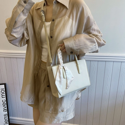 Elegant Tote Handbag PU Leather Litchi Texture Crossbody Bag With Polyester Lining And Scarf Decoration For Women