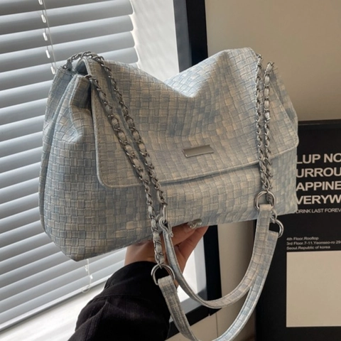 Damen Gewebte Schultertasche PU Leder Tweed Textur Kette Riemen Große Kapazität Pendeln Lässig Klappe Über Tote