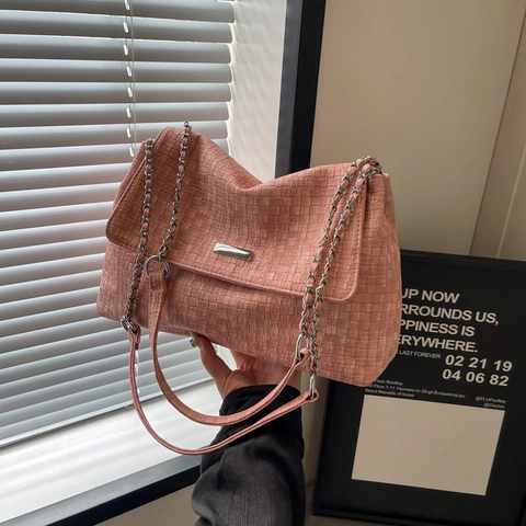Damen Gewebte Schultertasche PU Leder Tweed Textur Kette Riemen Große Kapazität Pendeln Lässig Klappe Über Tote