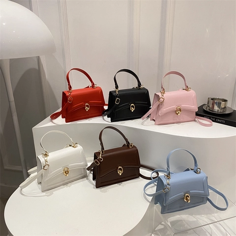 Minimalist PU Leather Small Crossbody Bag For Women Vintage Top Handle Square Handbag With Golden Ring Buckle Adjustable Strap