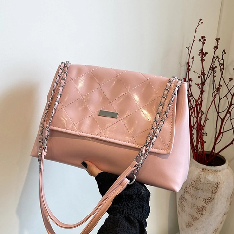 Borsa a Spalla con Catena Trapuntata in Pelle PU Lucida Metallica Grande Capacità Borsa a Patta per Donna Casual Quotidiana