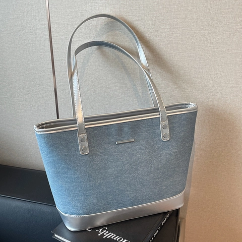 Borsa Tote In Denim Di Grande Capacità Per Donne Studentesse Borsa A Spalla Casual Con Finiture In Pelle Sintetica