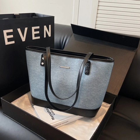 Borsa Tote In Denim Di Grande Capacità Per Donne Studentesse Borsa A Spalla Casual Con Finiture In Pelle Sintetica