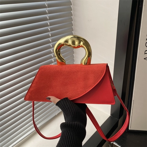 Borsa a Spalla Patchwork in PU e Scamosciato con Manico Irregolare in Metallo Borsa a Mano Geometrica Casual da Donna