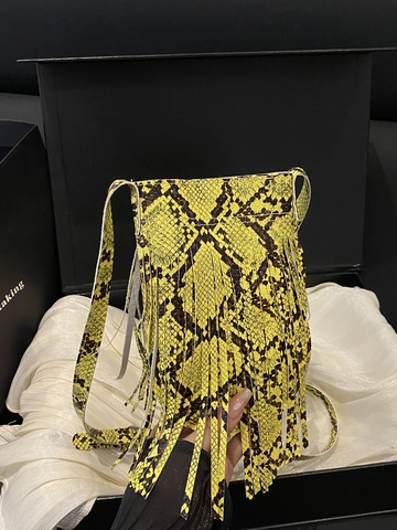 Women Snake Print Tassel Crossbody Bag PU Leather Small Shoulder Phone Bag Bohemian Fringe Mini Handbag Square Purse