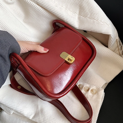 Retro Glossy PU Leather Crossbody Bag Women Small Square Flap Shoulder Bag With Gold Metal Lock Versatile Daily Accessory