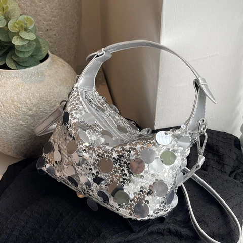 Women Fashion Sequin Underarm Bag Sparkling Large Paillette Shoulder Crossbody Bag PU Leather Small Square Bag For Party Daily